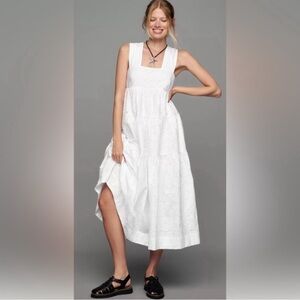 By Anthropologie Women’s Large Petite Square-Neck Eyelet Tiered White Midi Dress